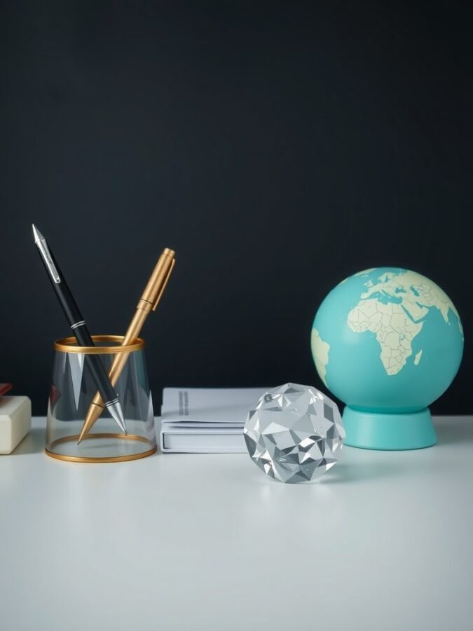 Artistic desk accessories including a pen holder, globe, and decorative crystal on a white desk.