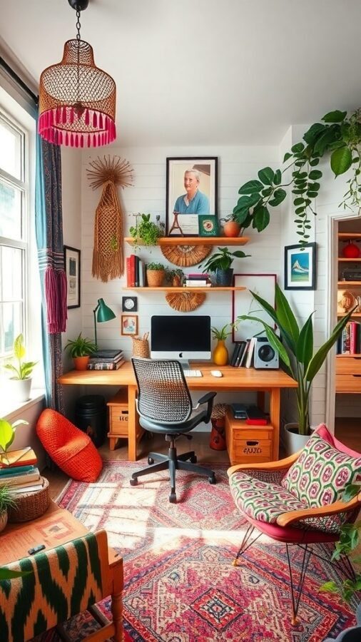 15 Home Office Inspiration to Transform Your Workspace 9 A colorful bohemian workspace with plants, a stylish desk, and vibrant decor.