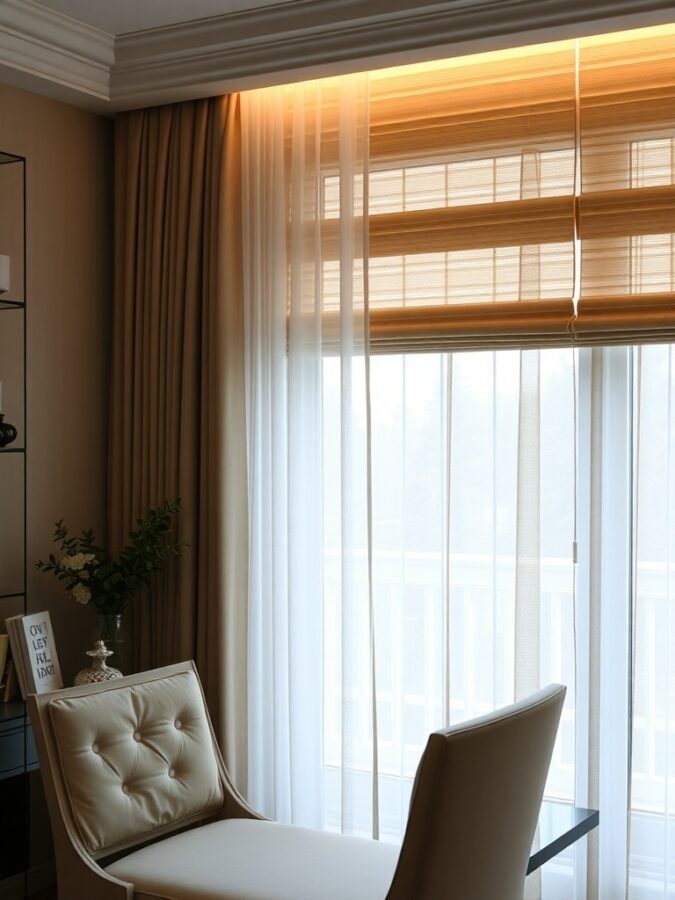A cozy home office window with soft curtains and sleek blinds, creating a warm and inviting atmosphere.