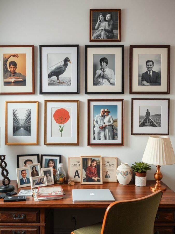 A cozy home office with a gallery wall of framed photos and art, a wooden desk with personal items, and a lamp.