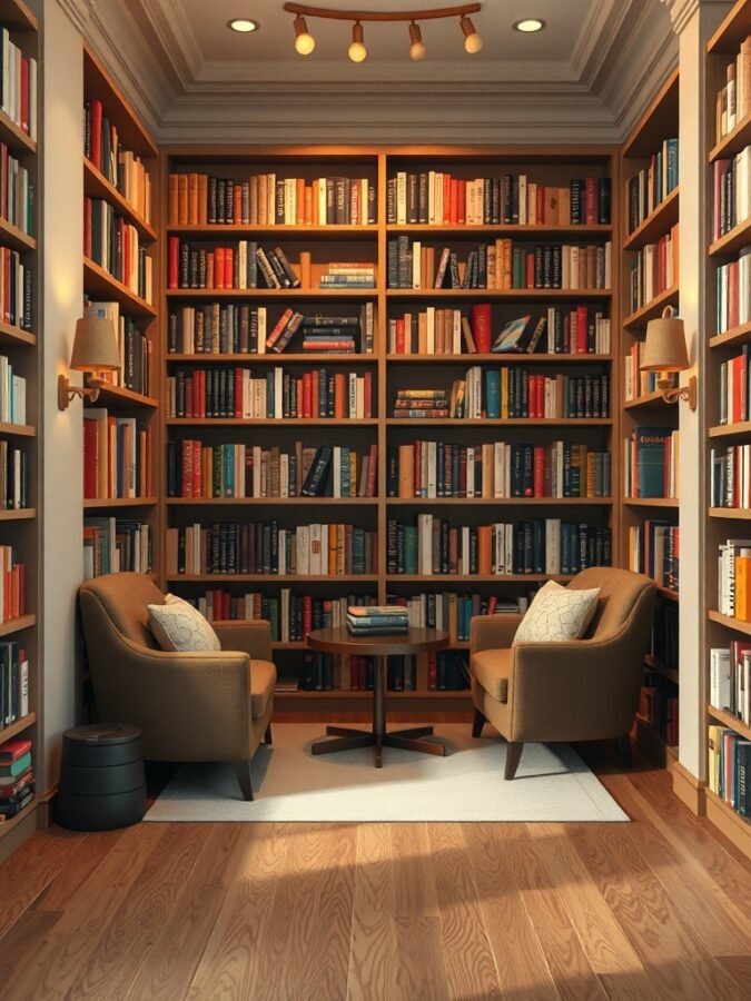 A cozy reading nook with bookshelves, two chairs, and a small table.