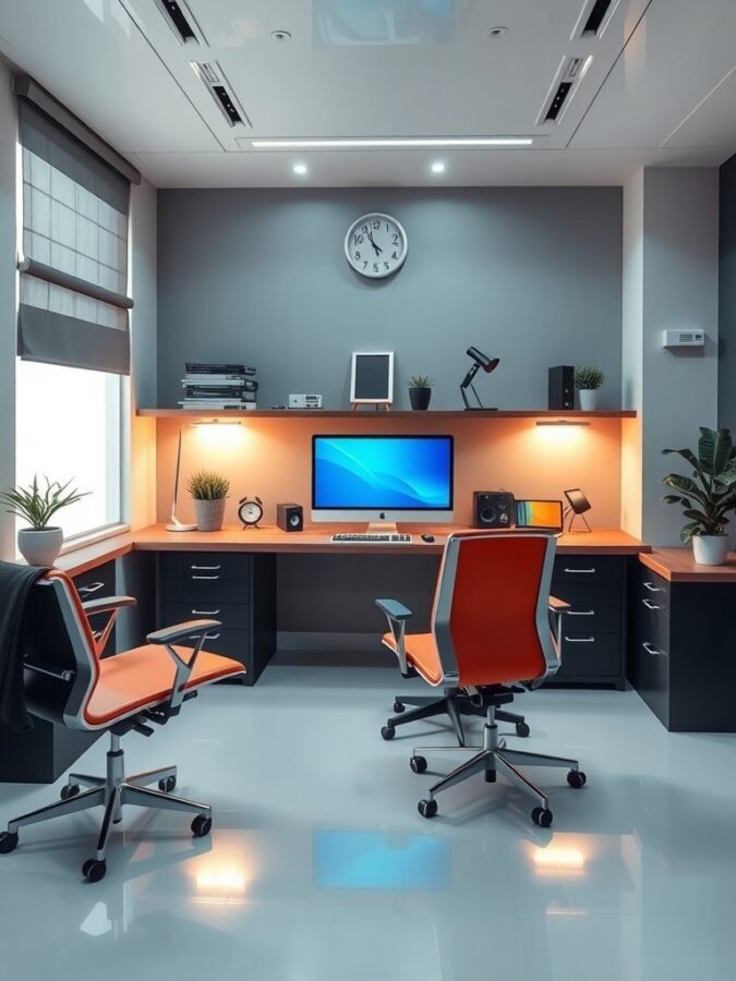 A modern study room with a computer desk, two ergonomic chairs, and plants.