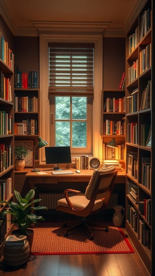 Cozy reading nook office with bookshelves, a desk, and warm lighting