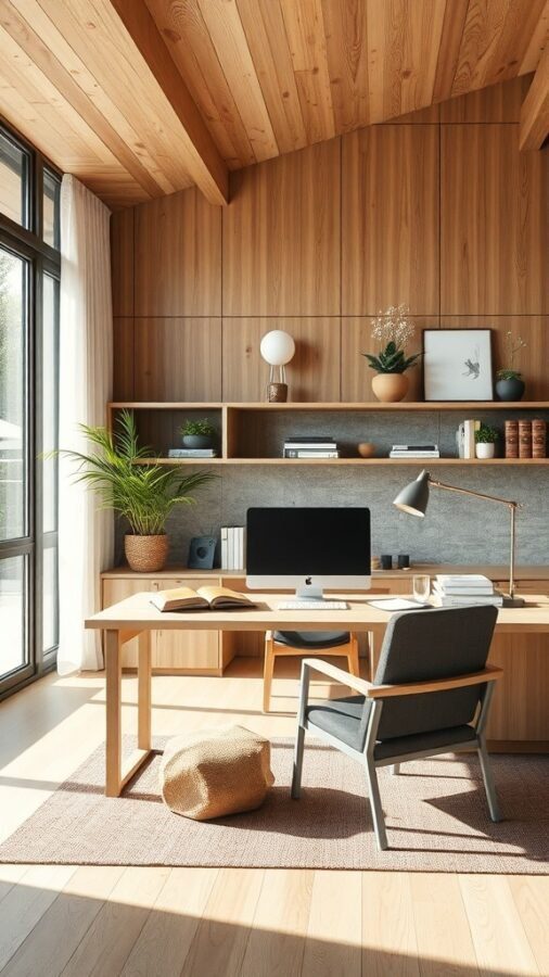 A cozy home office with wooden walls, a desk, a computer, and plants.