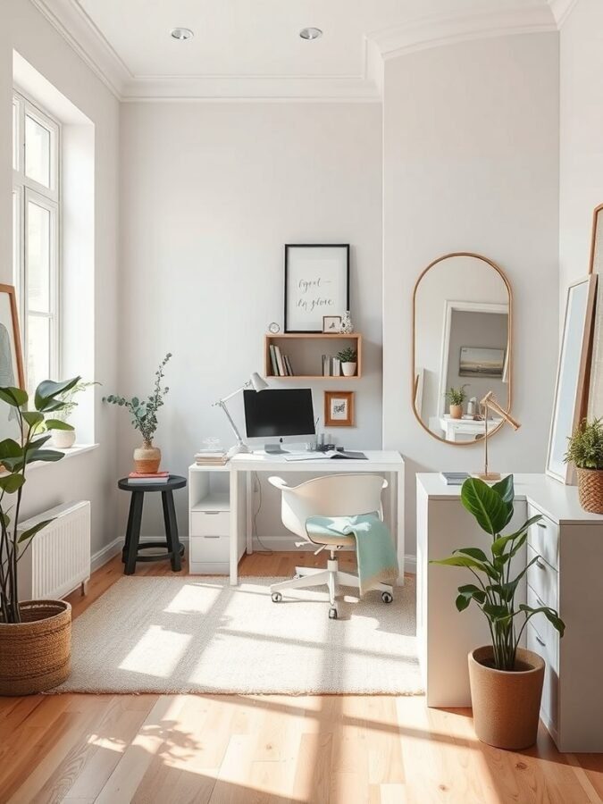 A bright and classy feminine home office with a round mirror, plants, and a white desk.