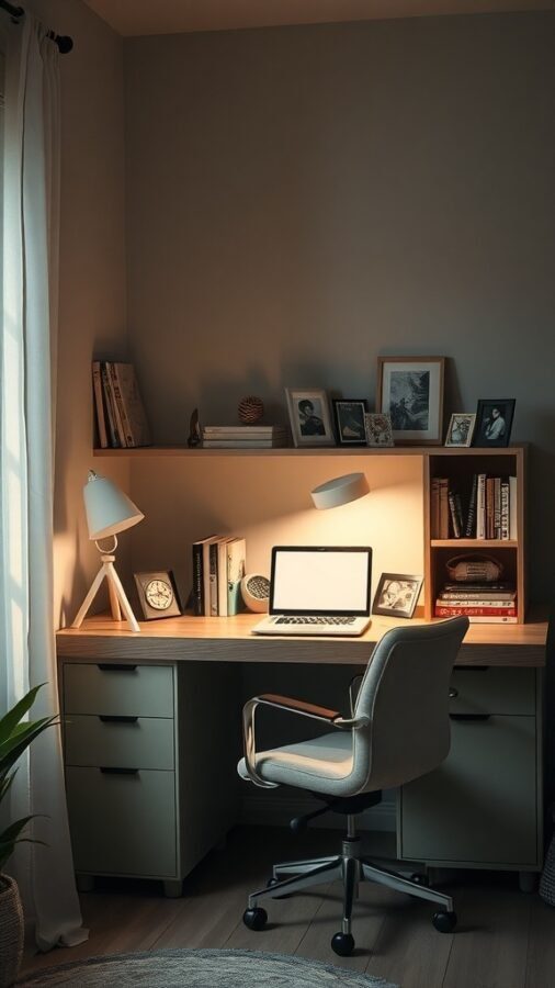 19 Inspiring Home Office Desk Ideas to Elevate Your Workspace 3 A cozy home office corner with a desk, chair, and decorative items.