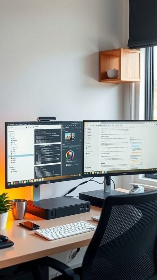 A dual monitor setup on a desk with a keyboard, a small plant, and a stylish design.