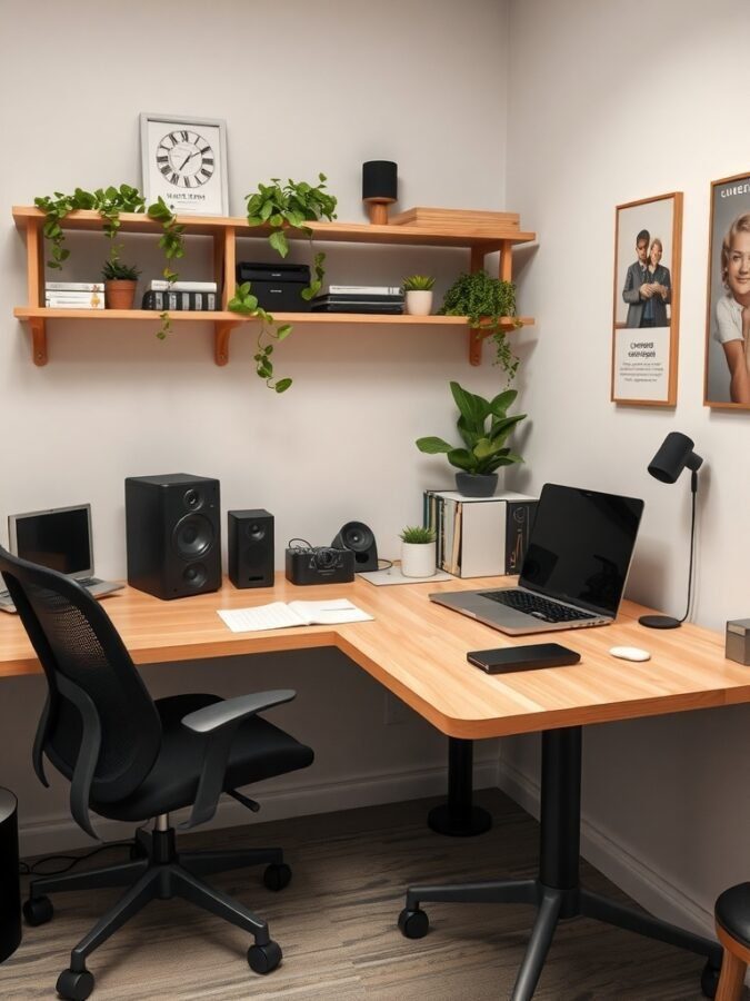 A small home office with a wooden desk, laptop, and plants, showcasing a tech-friendly workspace.