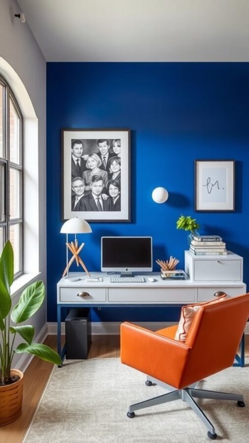 Home office with a bold blue accent wall, modern desk, orange chair, and decorative elements.