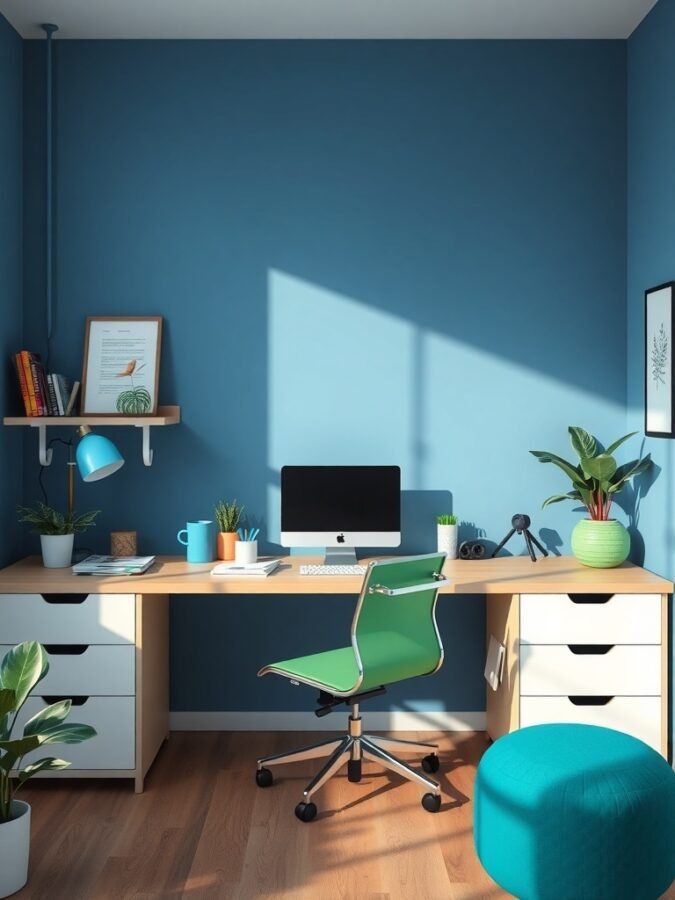 A home office with a blue wall, green chair, and plants, creating a calming and motivating workspace.