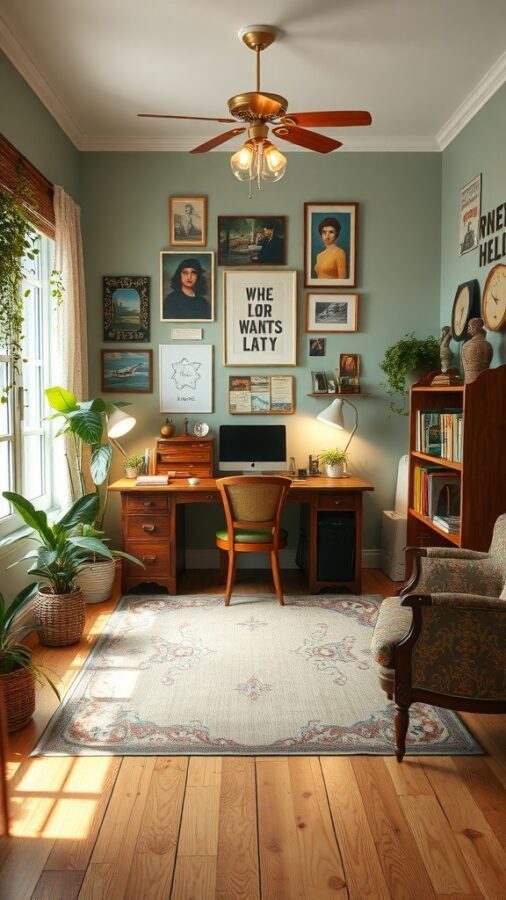 15 Home Office Inspiration to Transform Your Workspace 13 A cozy vintage home office with green walls, a wooden desk, framed art, plants, and a comfortable armchair.