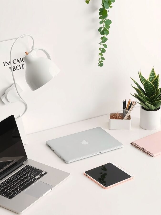 A stylish home office setup featuring a laptop, tablet, and a lamp on a clean desk with plants.