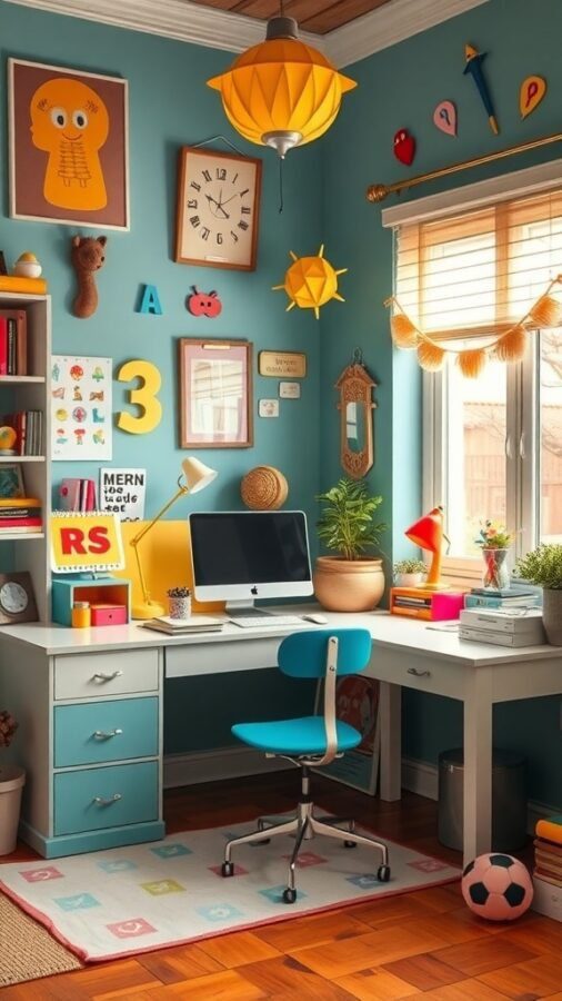 A colorful and playful home office with blue walls, quirky decor, and a bright desk setup.