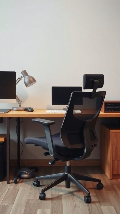 A modern ergonomic office chair in front of a desk with a computer and lamp.