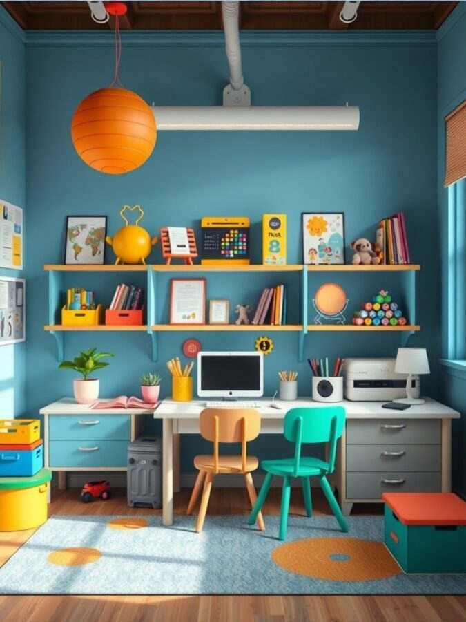 A colorful child-friendly study area featuring blue walls, a white desk with colorful storage, and playful decor.