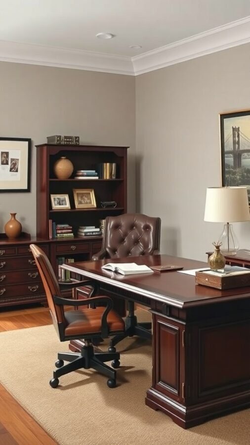 19 Inspiring Home Office Desk Ideas to Elevate Your Workspace 19 A traditional executive office setup featuring a wooden desk, leather chair, and bookshelves.