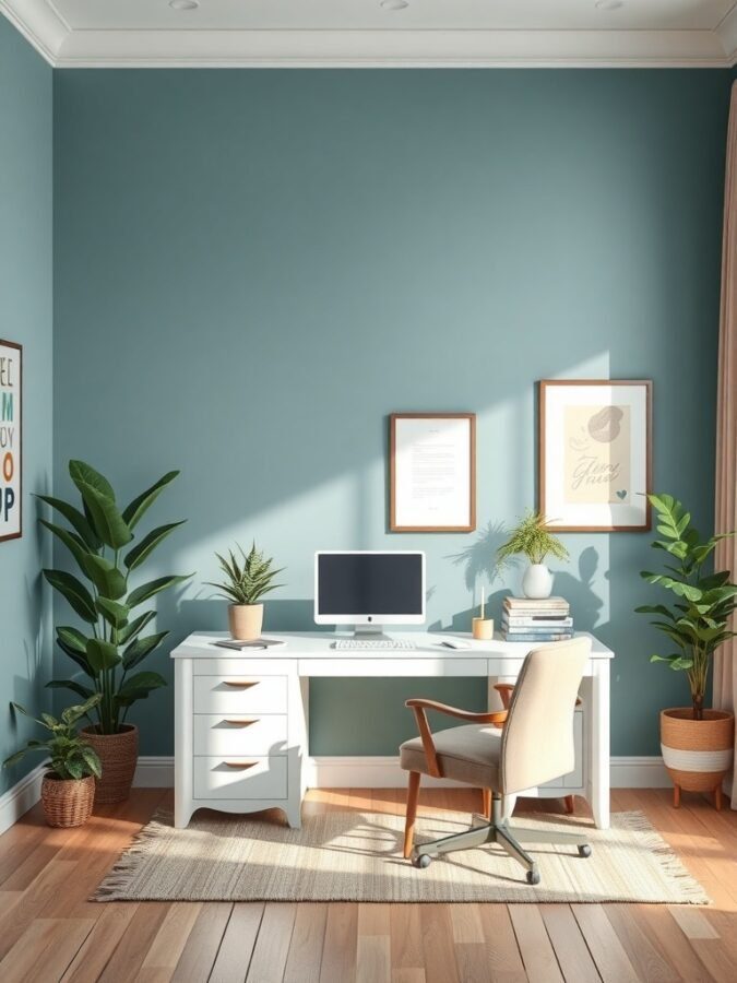 A calming home office with soft blue walls, a white desk, and plants.
