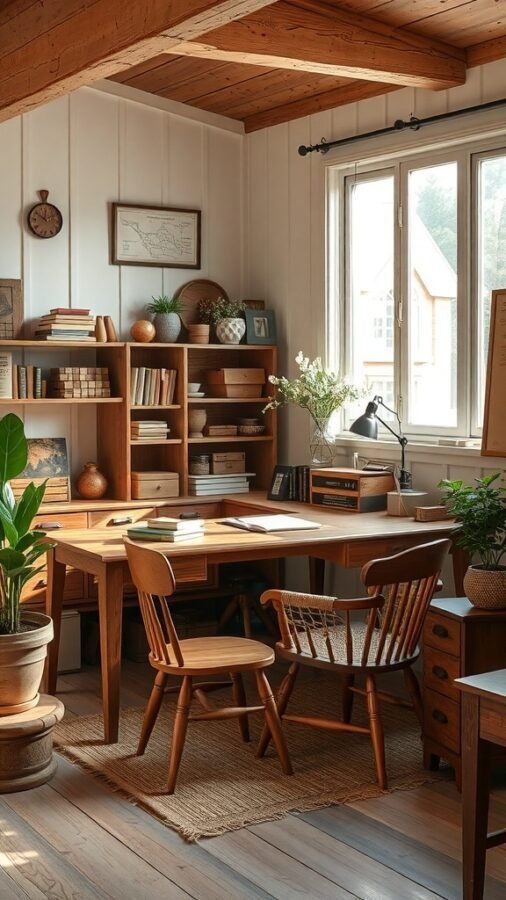 A rustic farmhouse office featuring a wooden desk, chairs, and shelves filled with books and plants.