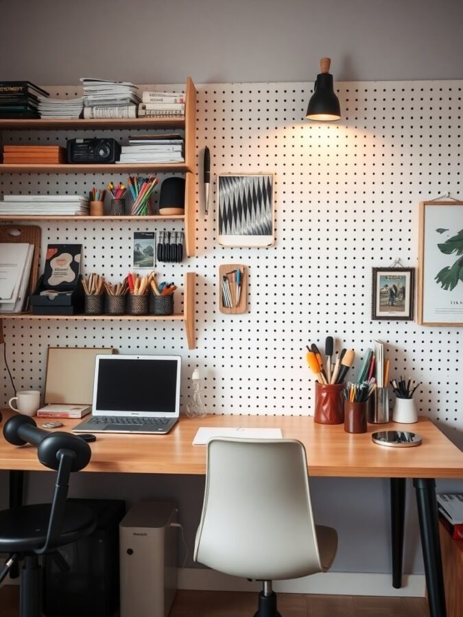 A small home office with a wooden desk, pegboard wall for organization, and shelves displaying books and office supplies.