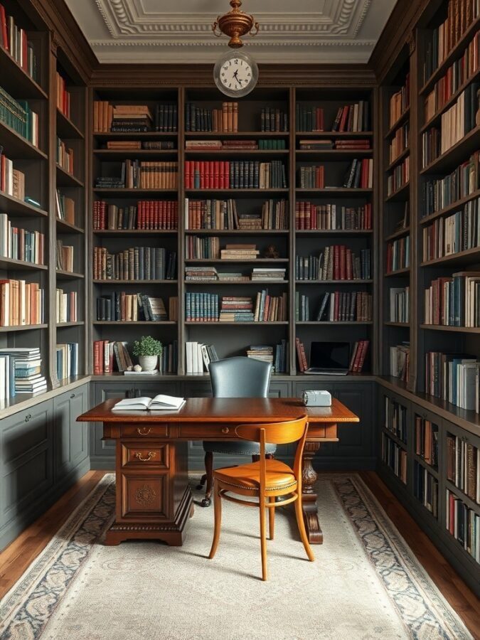 A cozy library-style workspace featuring a wooden desk, a comfortable chair, and shelves filled with books.