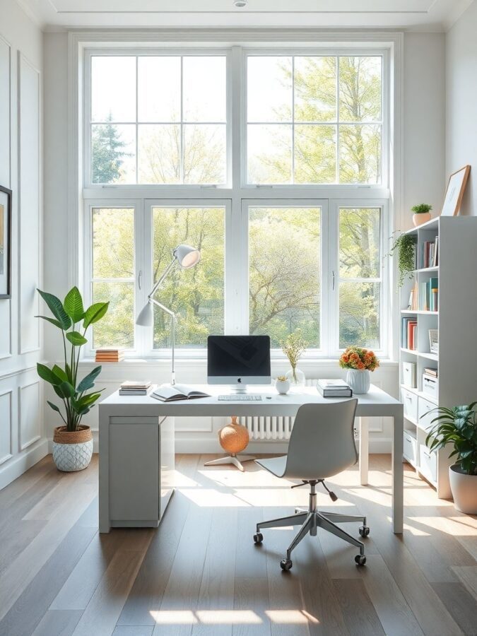 Bright and airy home office with large windows, modern desk, and plants.
