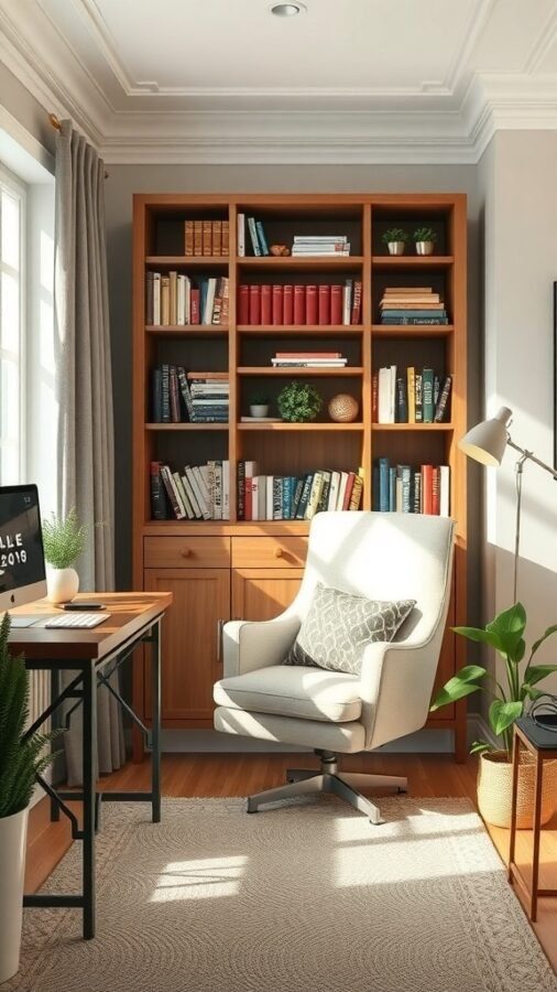 Cozy reading nook with a comfortable chair, bookshelf, and warm lighting in a home office.
