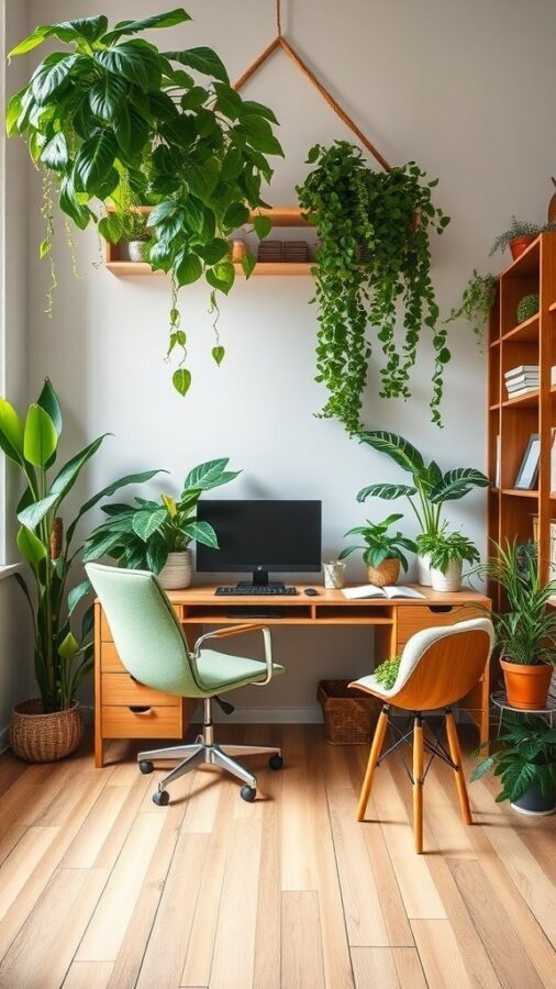 A cozy home office with a wooden desk, computer, and various green plants hanging and placed around the room.