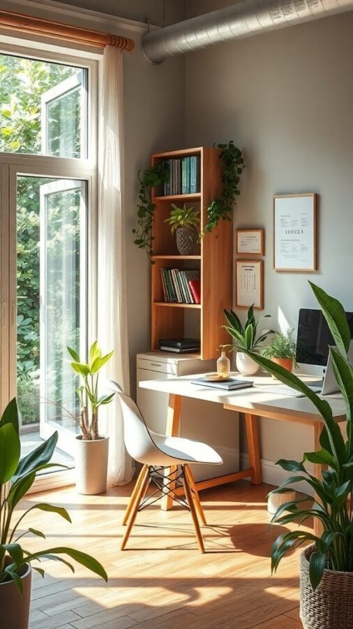A bright home office with large windows, plants, and light wood furniture.