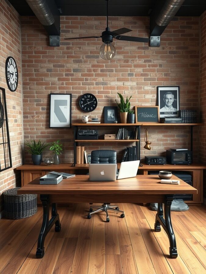 Stylish home office with exposed brick wall, wooden desk, and modern decor