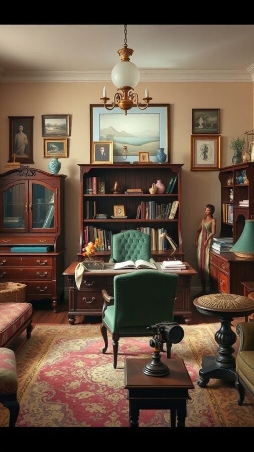A vintage office with antique furniture, featuring a wooden desk, green chair, and framed artwork on the walls.