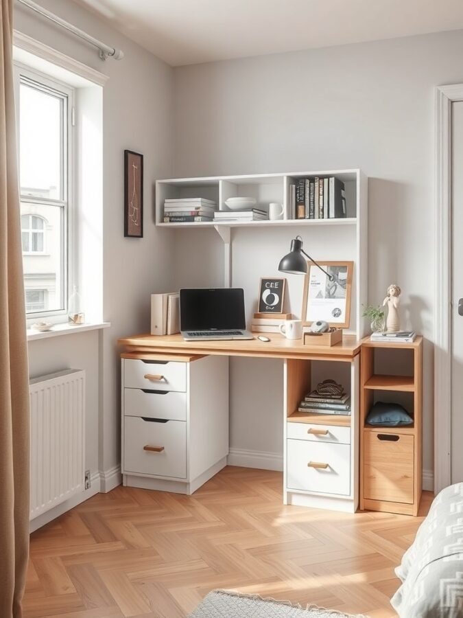 Compact study corner with a desk, computer, and shelves in a small apartment