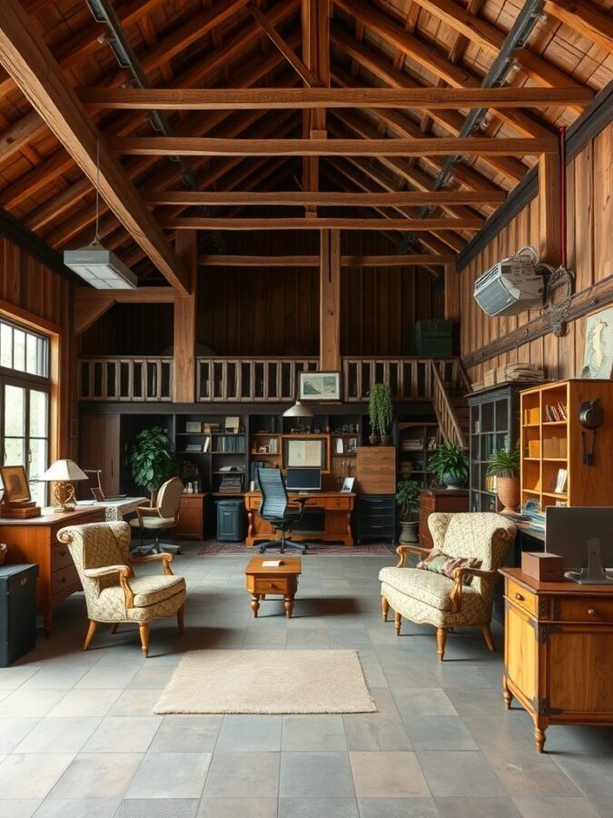 A spacious rustic farmhouse home office with wooden beams, vintage furniture, and natural light.
