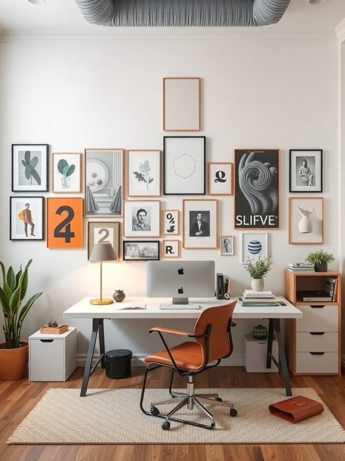 A modern home office with a gallery wall featuring various framed artworks, a sleek desk, and a stylish chair.