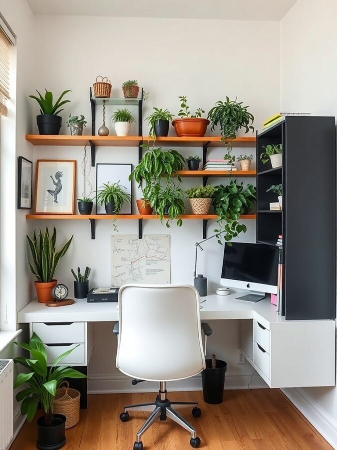 A small home office featuring vertical shelving with plants and a clean desk setup.