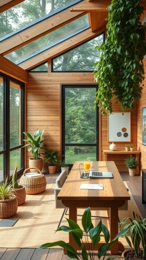 A bright and inviting home office with wooden walls, large windows, and various indoor plants.