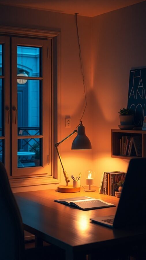 A cozy home office with warm lighting from a desk lamp and a window.