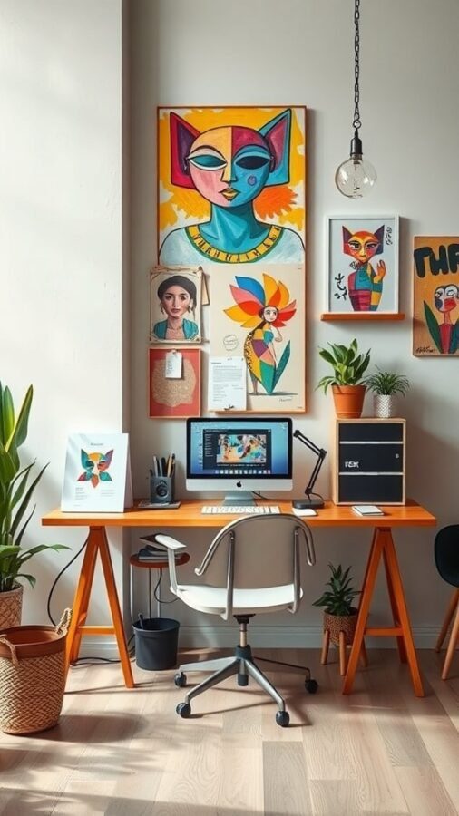 15 Home Office Inspiration to Transform Your Workspace 4 A colorful artistic studio featuring vibrant wall art, a bright orange desk, and plants.
