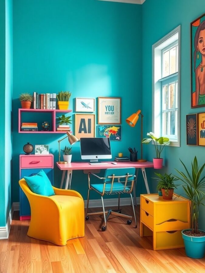 A colorful home office nook with turquoise walls, a pink desk, yellow chair, and various plants.