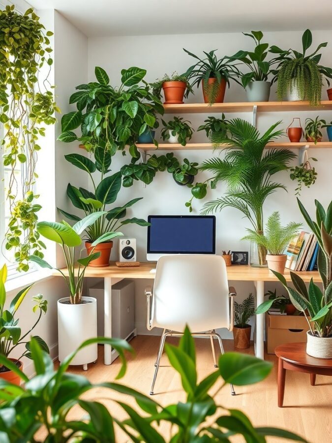 A bright home office filled with various indoor plants, featuring a desk with a computer and a cozy atmosphere.