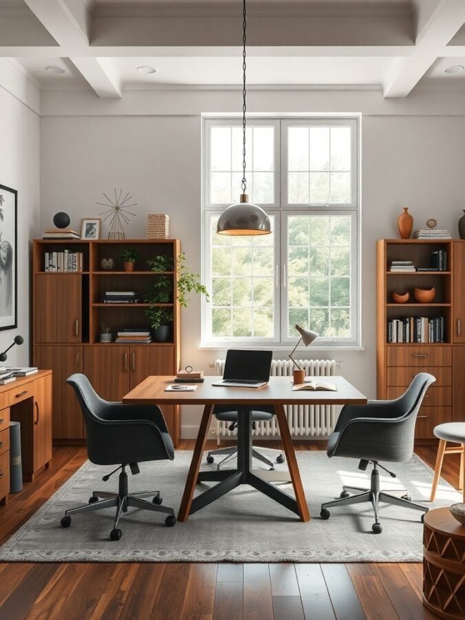 A modern home office featuring a large table, comfortable chairs, and wooden shelves.