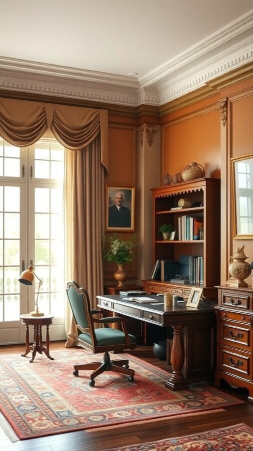 15 Home Office Inspiration to Transform Your Workspace 1 A traditional home office featuring a wooden desk, green chair, bookshelves, and warm-toned walls.