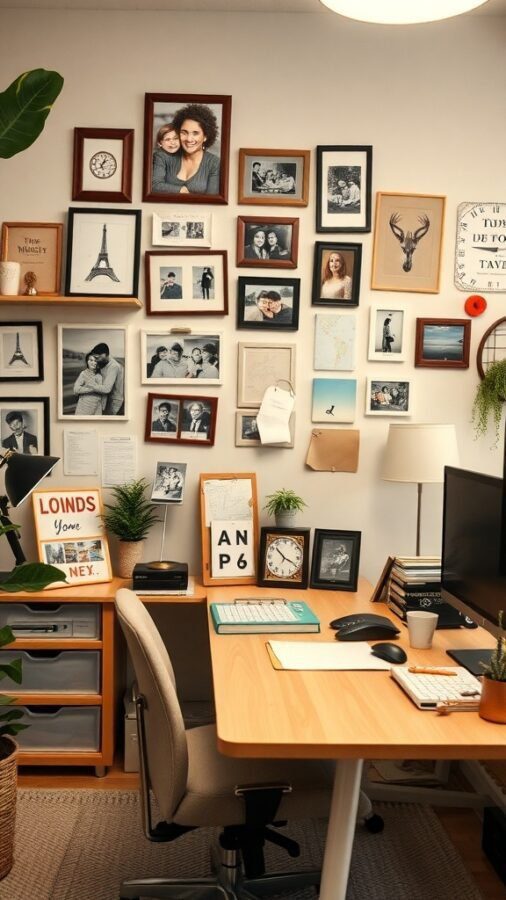 A cozy home office with a gallery wall of family photos, a desk with a computer, and plants.
