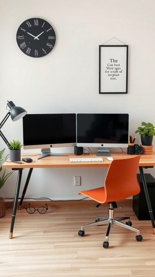 A modern home office setup featuring two monitors, a stylish orange chair, and decorative plants.