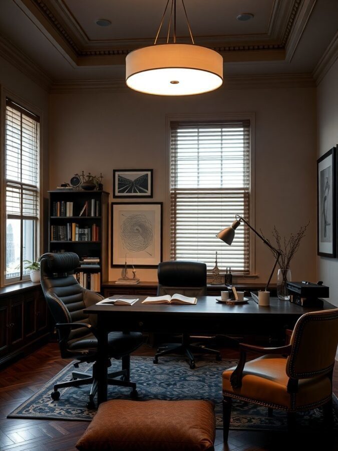 A sophisticated home office with modern pendant lighting, a large desk, and stylish chairs.