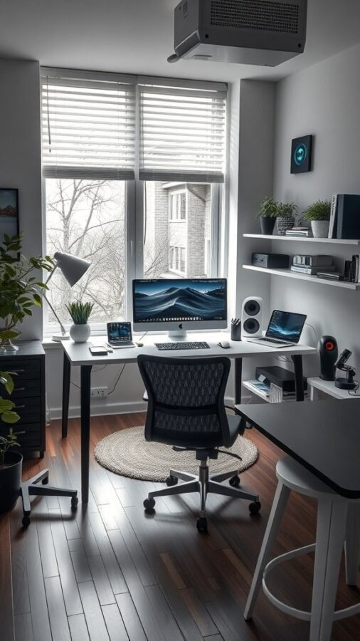 A modern home office setup featuring a large monitor, stylish chair, and plants, with natural light coming through the window.