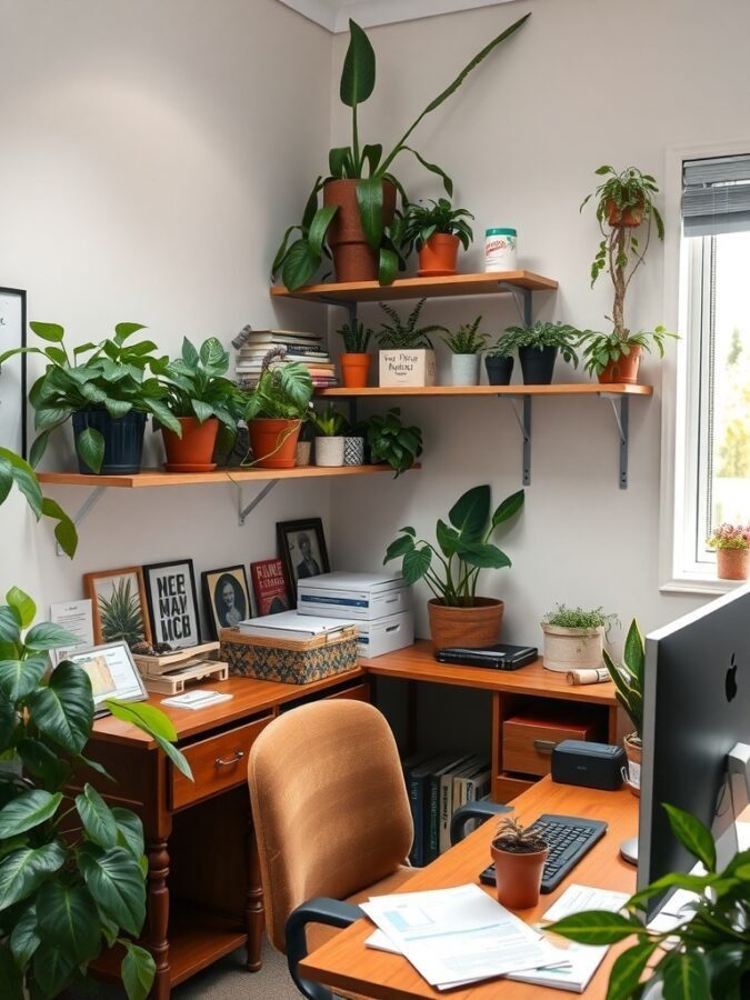 A home office with various plants on shelves and desk, creating a fresh atmosphere.