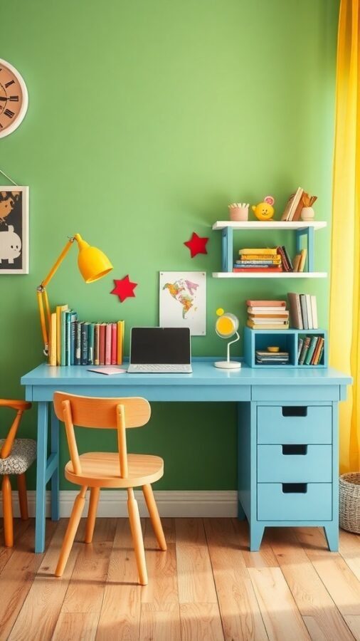 19 Inspiring Home Office Desk Ideas to Elevate Your Workspace 18 A brightly colored kids' study desk with a blue desk, wooden chair, and colorful decorations against a green wall.