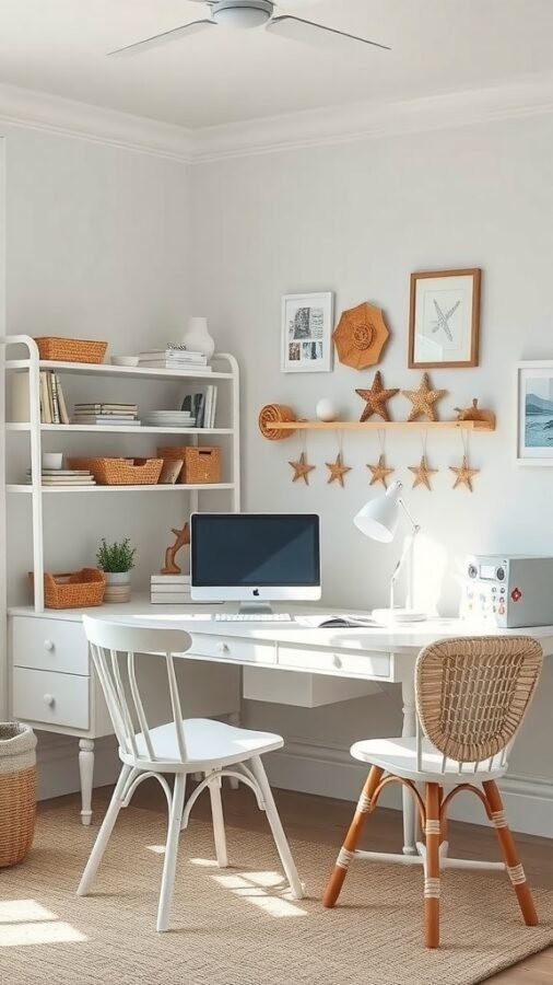 A bright coastal-themed home office with a white desk, woven chairs, and beach-themed decor.
