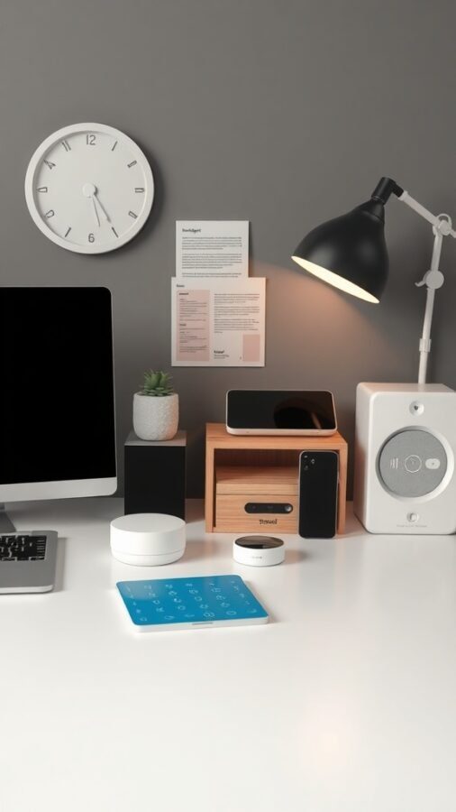 A modern home office setup featuring a computer, tablet, smart speaker, lamp, and clock.