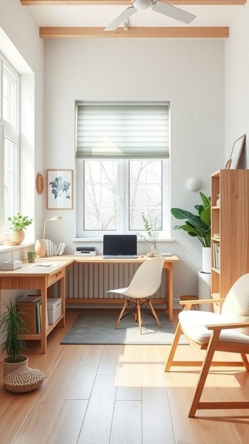 15 Home Office Inspiration to Transform Your Workspace 15 A bright and airy Scandinavian home office featuring light wood furniture, large windows, and green plants.